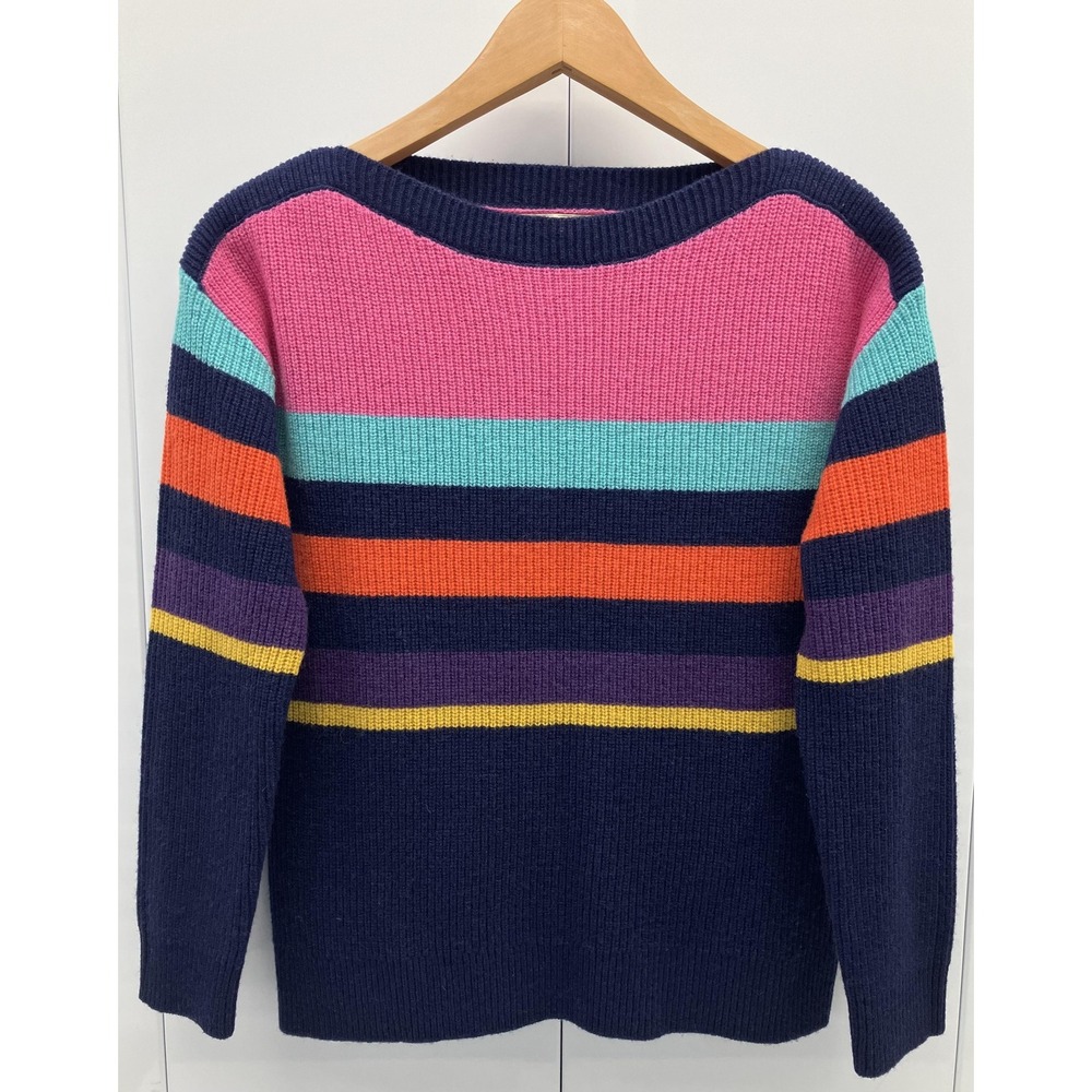 WoolOvers‎ Sweater Womens Small Navy Multicolor Striped 100% Lambswool Boat Neck